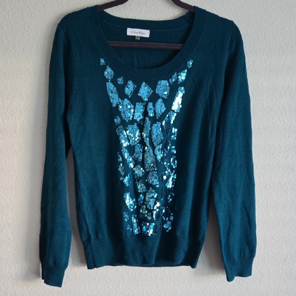 Calvin Klein Deep Teal Sequin Embellished Wool Blend Sweater Size M HOLIDAY cozy